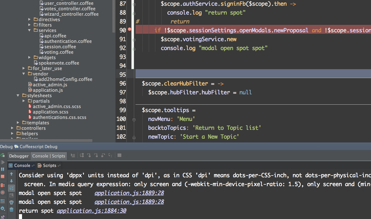 CoffeeScript debugger in RubyMine 6 Not Stopping at Breakpoints